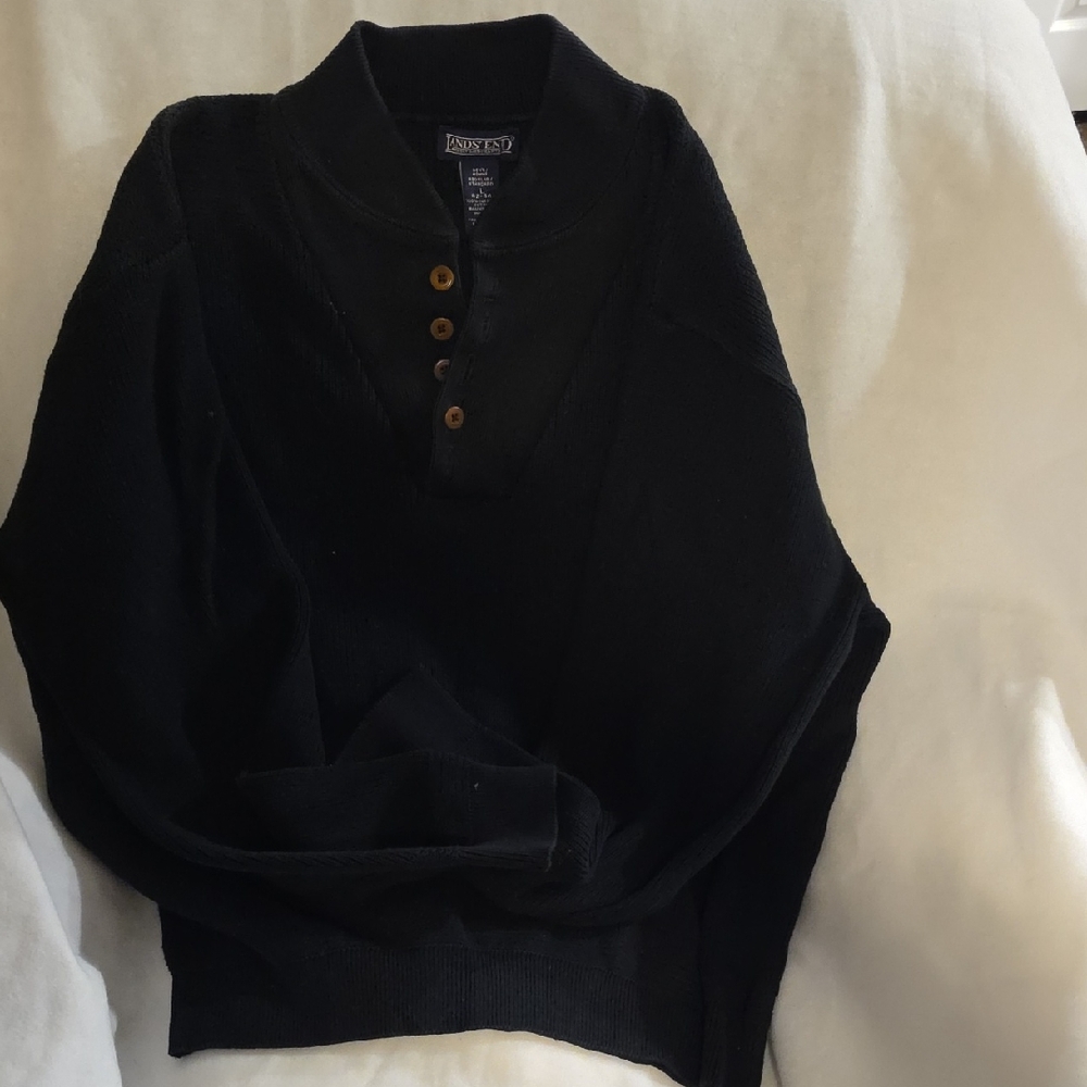 Lands' End Men's Black Buttoned Crewneck Sweater